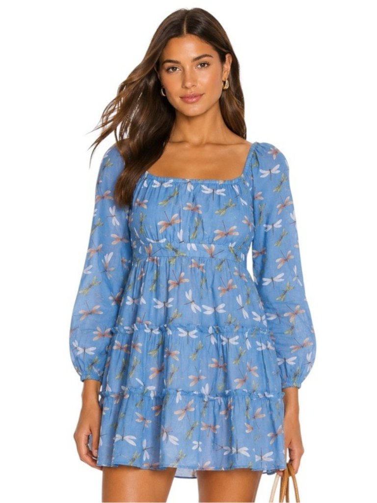 New Olivia By Livro Cotton Cin Cin Mini Dress In Blue Dragonflies Print Size S